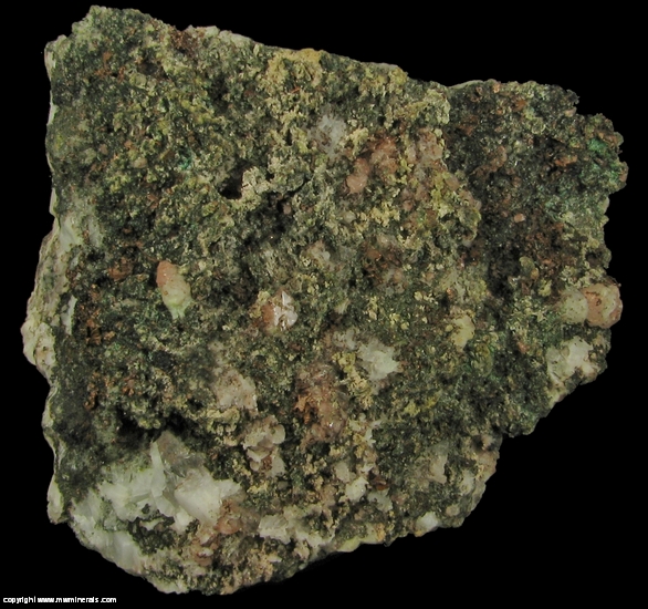 Mineral Specimen: Pumpellyite-Mg, Copper, Calcite with included Copper, Quartz and Microcline in Amygdule Basalt from Keweenaw Couny, Michigan, USA