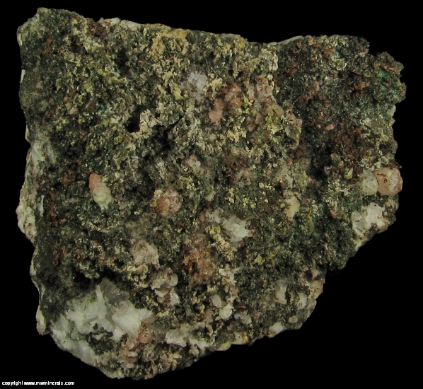 Mineral Specimen: Pumpellyite-Mg, Copper, Calcite with included Copper, Quartz and Microcline in Amygdule Basalt from Keweenaw Couny, Michigan, USA