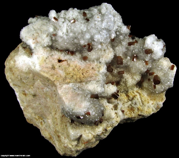 Mineral Specimen: Vanadinite on Calcite from Mina San Carlos, Chihuahua, Mexico