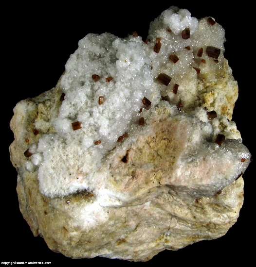 Mineral Specimen: Vanadinite on Calcite from Mina San Carlos, Chihuahua, Mexico