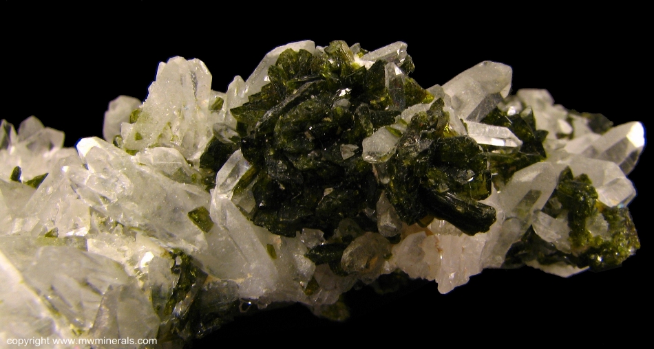 Mineral Specimen: Epidote on Quartz from Xichang Mine, Xichang County, Liangshan Autonomous Prefecture, Sichuan Province, China