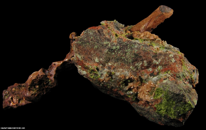Mineral Specimen: Copper Crystals, Adularia Crystals, Massive Microcline, Epidote and Quartz from Adventure mine, Butler Lode, Greenland, Ontonagon County, Michigan, USA