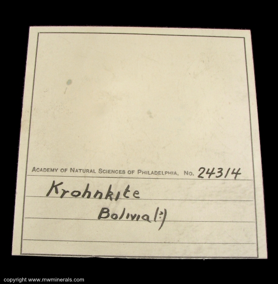 Mineral Specimen: Krohnkite from location unknown, probably Chile, labeled as Bolivia