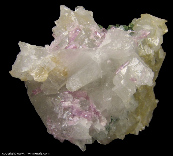 Mineral Specimen: Pink Topaz with Uvite Tourmaline, Magnesite and Quartz from Brumado. Bahia, Brazil