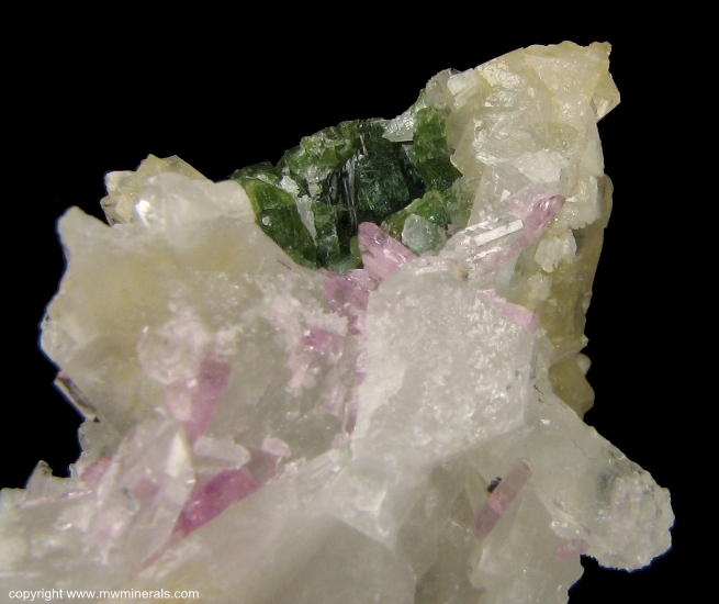 Mineral Specimen: Pink Topaz with Uvite Tourmaline, Magnesite and Quartz from Brumado. Bahia, Brazil