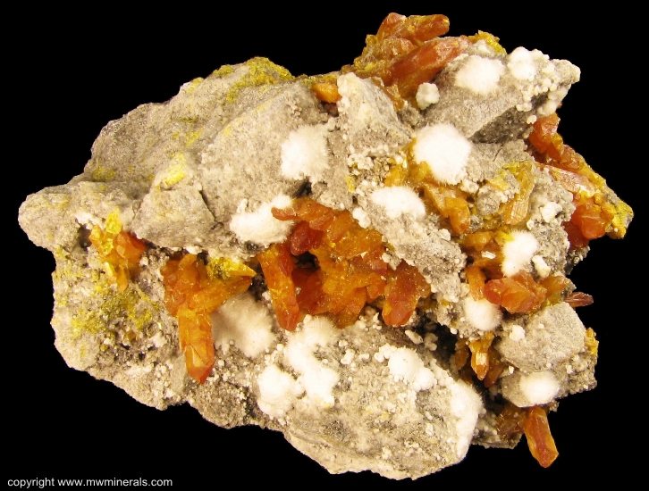 Mineral Specimen: Picropharmacolite, Orpiment from Shimen Mine, Shimen County, Changde Prefecture, Hunan, China