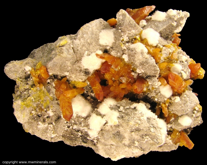 Mineral Specimen: Picropharmacolite, Orpiment from Shimen Mine, Shimen County, Changde Prefecture, Hunan, China