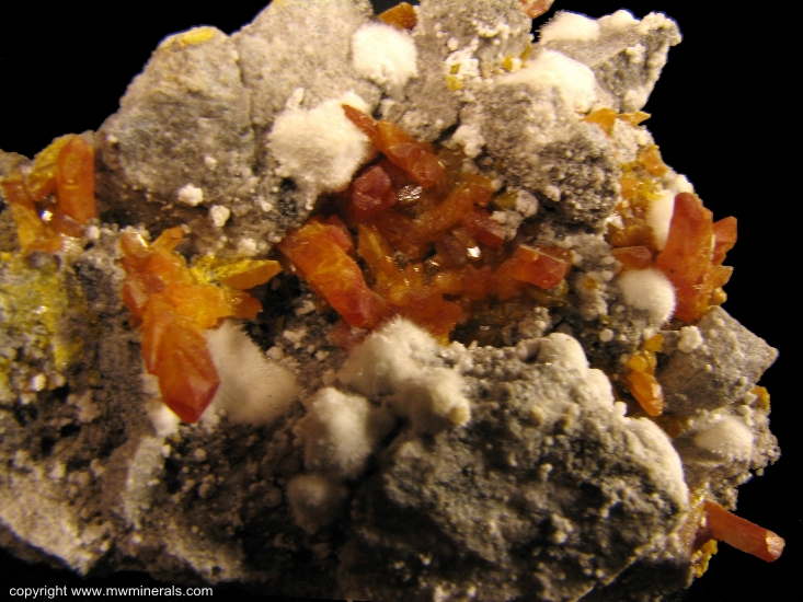 Mineral Specimen: Picropharmacolite, Orpiment from Shimen Mine, Shimen County, Changde Prefecture, Hunan, China