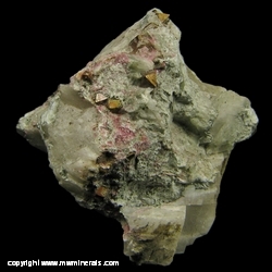 Mineral Specimen: Erthyrite and Chalcopyrite on Calcite from French Creek Mines, St. Peters, Warwick Township, Chester Co., Pennsylvania, USA Mineral Specimen: Erthyrite and Chalcopyrite on Calcite from French Creek Mines, St. Peters, Warwick Township, Chester Co., Pennsylvania, USA