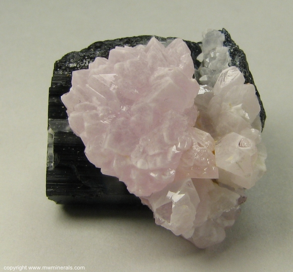 Mineral Specimen: Rose Quartz Crystals on Schorl Tourmaline from Alto da Pitorra, Laranjeiras, Galileia, Doce valley, Minas Gerais, Brazil