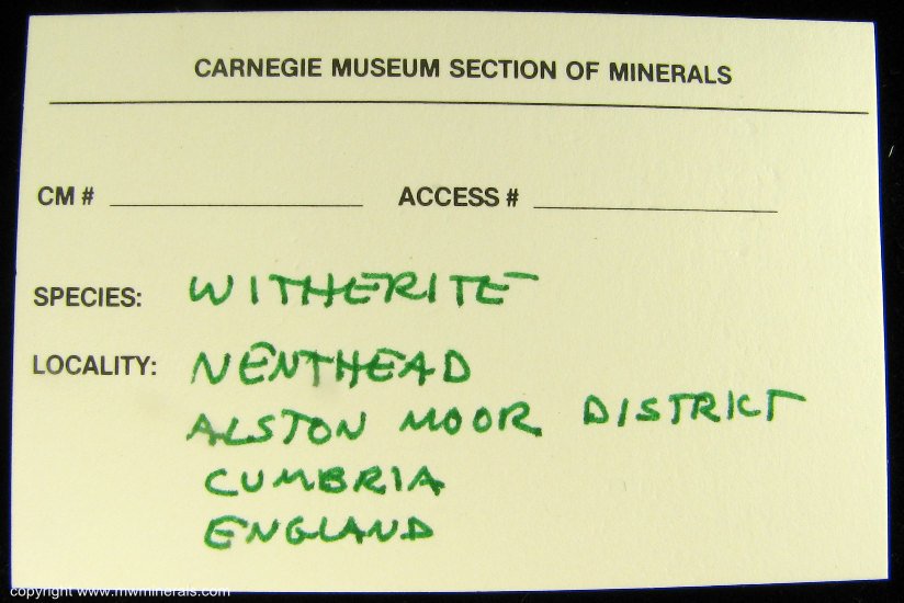 Mineral Specimen: Witherite from Nenthead, Alston Moor District, North Pennines, North and Western Region (Cumberland), Cumbria, England