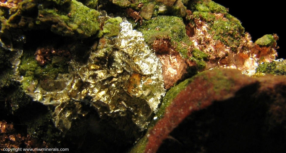 Mineral Specimen: Silver/Copper Halfbreed with Epidote from Calumet and Hecla Lode, Houghton County, Michigan, USA