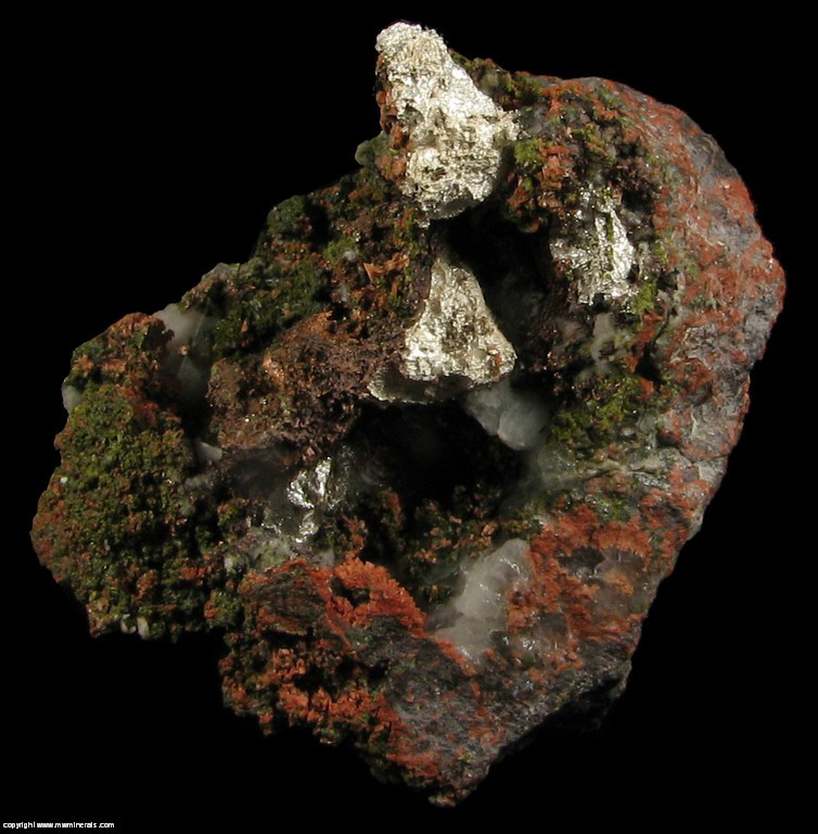 Mineral Specimen: Silver/Copper Hafbreed with Microcline and Epidote from Adventure mine, Butler Lode, Greenland, Ontonagon County, Michigan, USA