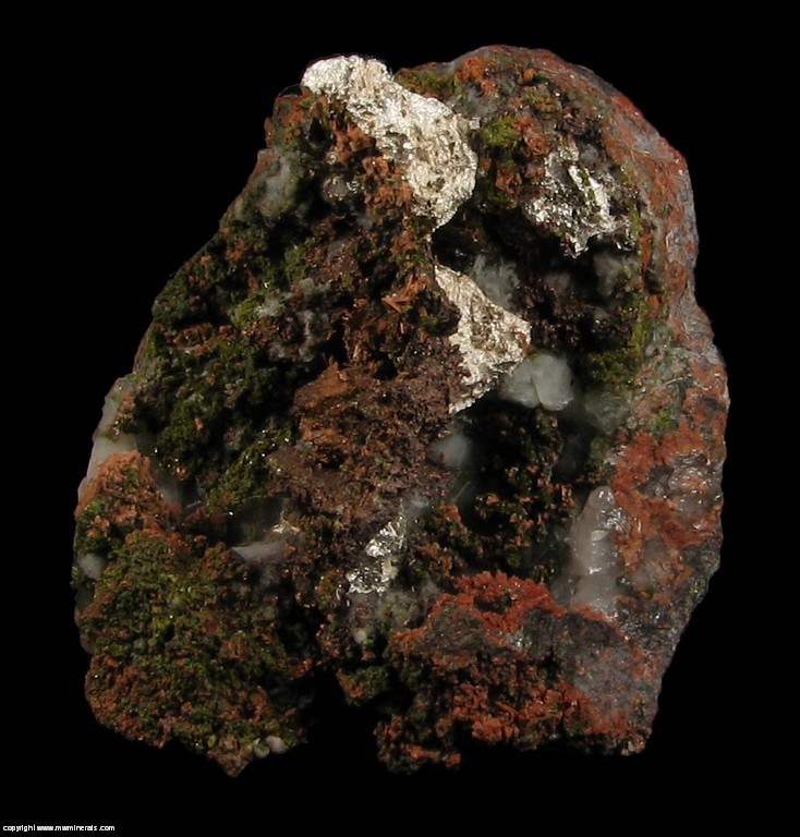 Mineral Specimen: Silver/Copper Hafbreed with Microcline and Epidote from Adventure mine, Butler Lode, Greenland, Ontonagon County, Michigan, USA