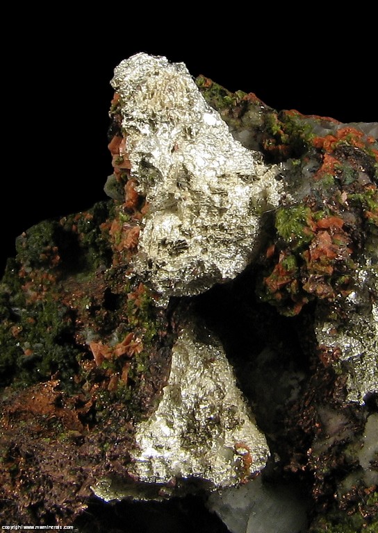 Mineral Specimen: Silver/Copper Hafbreed with Microcline and Epidote from Adventure mine, Butler Lode, Greenland, Ontonagon County, Michigan, USA