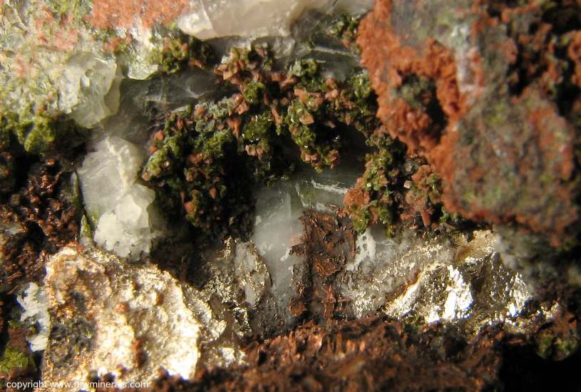 Mineral Specimen: Silver/Copper Hafbreed with Microcline and Epidote from Adventure mine, Butler Lode, Greenland, Ontonagon County, Michigan, USA