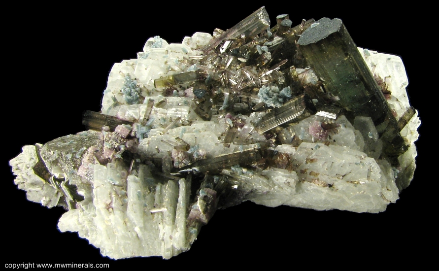 Mineral Specimen: Tourmaline, Apatite, Lepidolite on Albite from Pederneira Mine, Sao Jose da Safira, Doce valley, Minas Gerais, Brazil