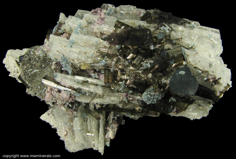 Mineral Specimen: Tourmaline, Apatite, Lepidolite on Albite from Pederneira Mine, Sao Jose da Safira, Doce valley, Minas Gerais, Brazil