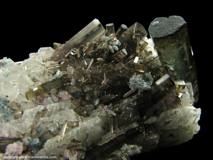 Mineral Specimen: Tourmaline, Apatite, Lepidolite on Albite from Pederneira Mine, Sao Jose da Safira, Doce valley, Minas Gerais, Brazil