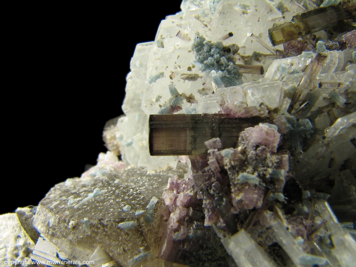 Mineral Specimen: Tourmaline, Apatite, Lepidolite on Albite from Pederneira Mine, Sao Jose da Safira, Doce valley, Minas Gerais, Brazil