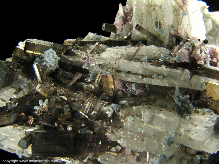Mineral Specimen: Tourmaline, Apatite, Lepidolite on Albite from Pederneira Mine, Sao Jose da Safira, Doce valley, Minas Gerais, Brazil