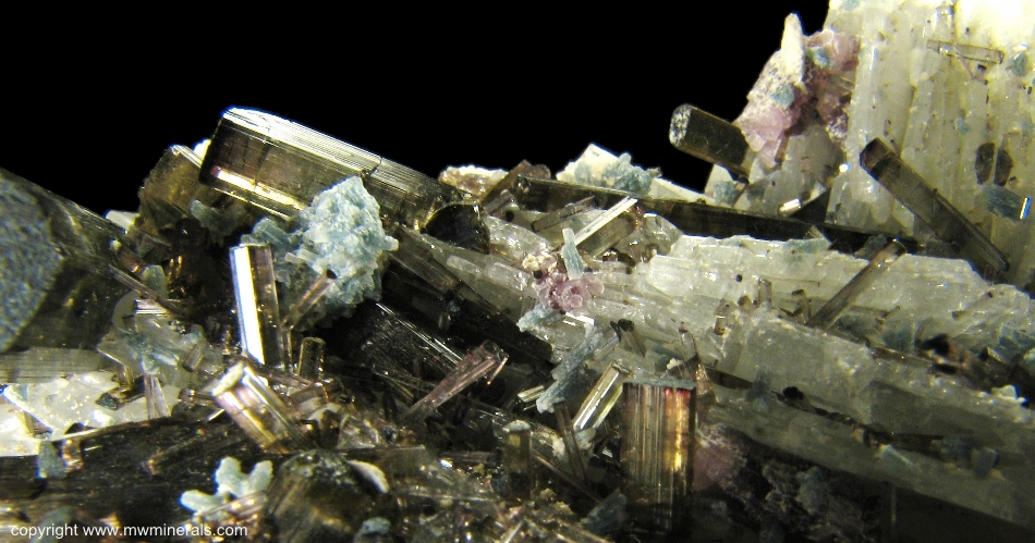 Mineral Specimen: Tourmaline, Apatite, Lepidolite on Albite from Pederneira Mine, Sao Jose da Safira, Doce valley, Minas Gerais, Brazil