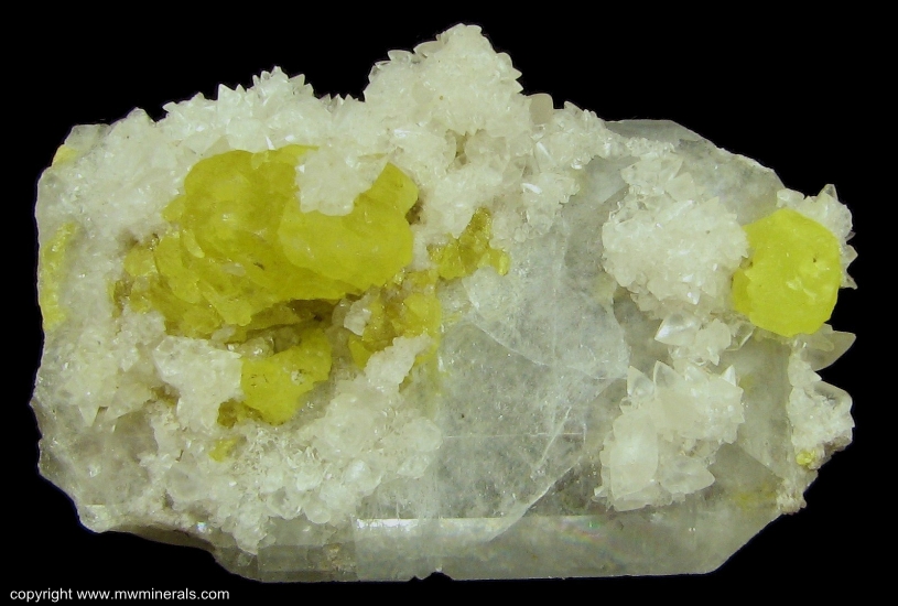 Mineral Specimen: Sulfur and strontian-Calcite on Celestine from Stoneco Quarry, Maybee, Monroe County, Michigan