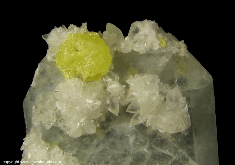Mineral Specimen: Sulfur and strontian-Calcite on Celestine from Stoneco Quarry, Maybee, Monroe County, Michigan