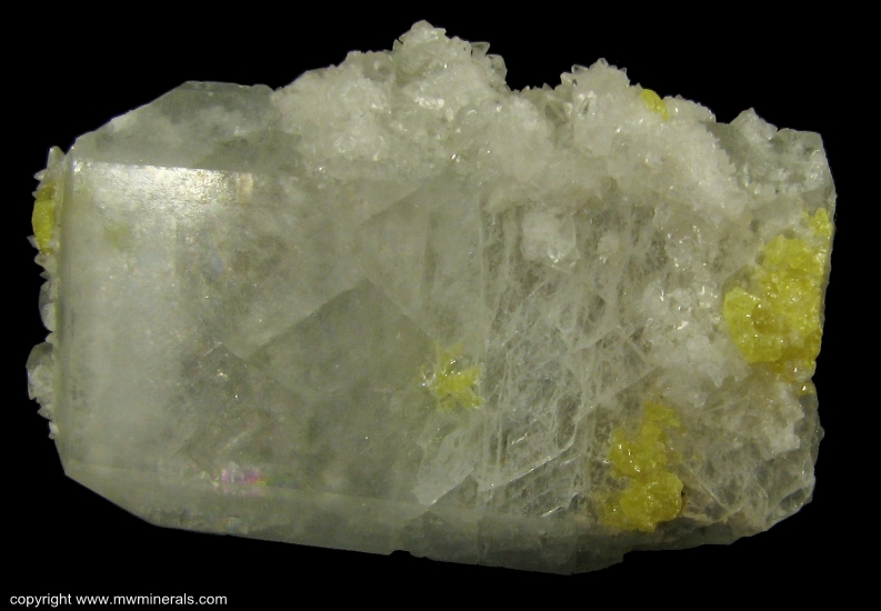 Mineral Specimen: Sulfur and strontian-Calcite on Celestine from Stoneco Quarry, Maybee, Monroe County, Michigan