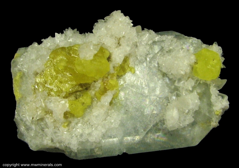 Mineral Specimen: Sulfur and strontian-Calcite on Celestine from Stoneco Quarry, Maybee, Monroe County, Michigan