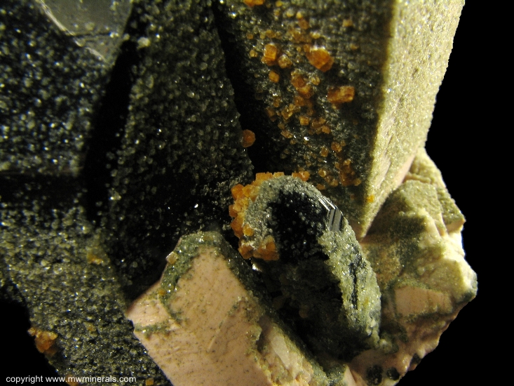 Mineral Specimen: Microcline Twin, Smoky Quartz, Chabazite and Epidote from Jietou, Wulian Co., Rizhao Prefecture, Shandong Province, China