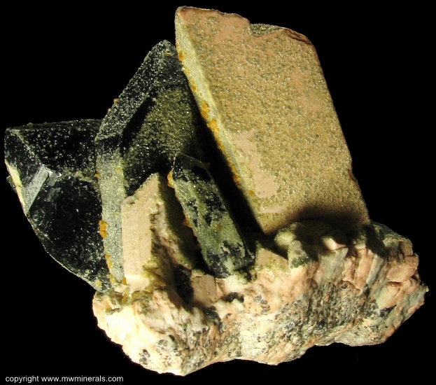 Mineral Specimen: Microcline Twin, Smoky Quartz, Chabazite and Epidote from Jietou, Wulian Co., Rizhao Prefecture, Shandong Province, China