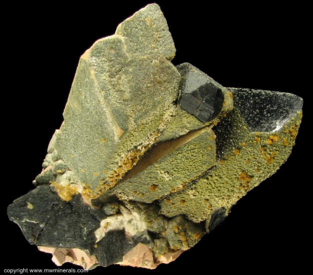 Mineral Specimen: Microcline Twin, Smoky Quartz, Chabazite and Epidote from Jietou, Wulian Co., Rizhao Prefecture, Shandong Province, China