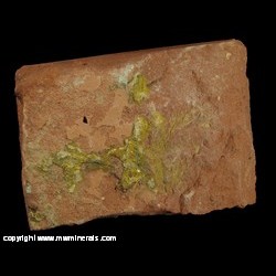 Mineral Specimen: Schuetteite on Brick from K. Can Mine, near Adeliada, San Luis Obispo Co., California Mineral Specimen: Schuetteite on Brick from K. Can Mine, near Adeliada, San Luis Obispo Co., California