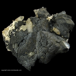 Minerals Specimen: Chalcopyrite and Quartz  on Hedenbergite from El Mochito Mine, El Mocho, Santa Barbara Department, Honduras