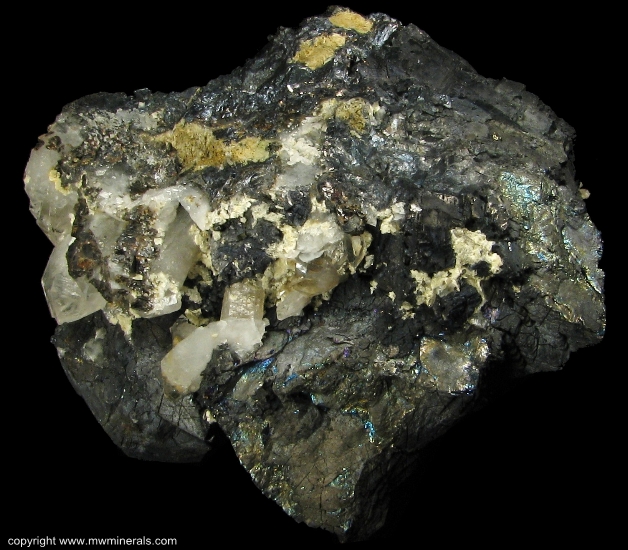 Mineral Specimen: Chalcopyrite and Quartz  on Hedenbergite from El Mochito Mine, El Mocho, Santa Barbara Department, Honduras