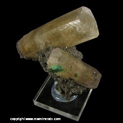 Minerals Specimen: Double Terminated Hexagonal Calcite, Malachite, Druze Quartz from Sweetwater Mine, Viburnum Trend Dist., Reynolds Co., Missouri