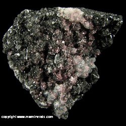 Mineral Specimen: Rhodochrosite on Quartz an Manganite from N'Chwaning II Mine, Kuruman, Kalahari manganese fields, Northern Cape Province, South Africa Mineral Specimen: Rhodochrosite on Quartz an Manganite from N'Chwaning II Mine, Kuruman, Kalahari manganese fields, Northern Cape Province, South Africa