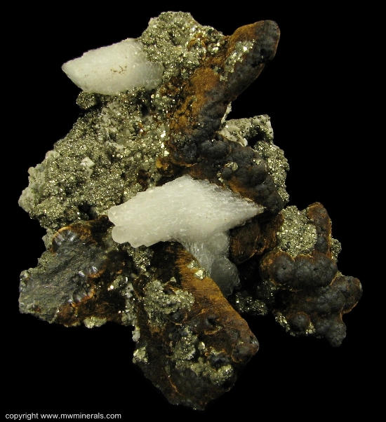 Mineral Specimen: Pyrite, Goethite and Calcite from Approximately 2400 foot level, Algoma Ore Property, Division of Algoma, Steel Corporation, Wawa, Algoma District, Ontario, Canada