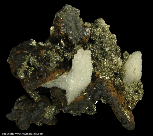 Mineral Specimen: Pyrite, Goethite and Calcite from Approximately 2400 foot level, Algoma Ore Property, Division of Algoma, Steel Corporation, Wawa, Algoma District, Ontario, Canada