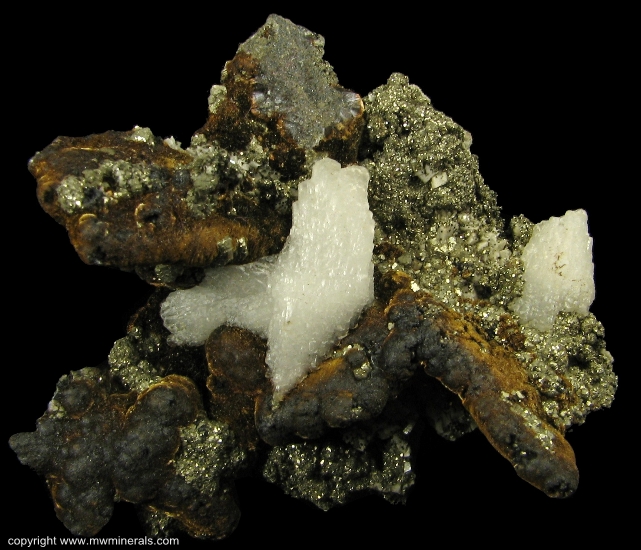Mineral Specimen: Pyrite, Goethite and Calcite from Approximately 2400 foot level, Algoma Ore Property, Division of Algoma, Steel Corporation, Wawa, Algoma District, Ontario, Canada