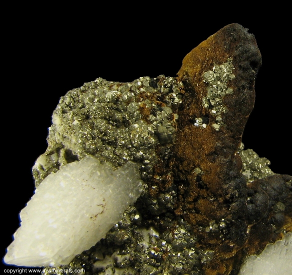 Mineral Specimen: Pyrite, Goethite and Calcite from Approximately 2400 foot level, Algoma Ore Property, Division of Algoma, Steel Corporation, Wawa, Algoma District, Ontario, Canada