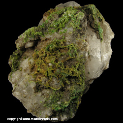 Mineral Specimen: Pyromorphite on Quartz with Casts after Barite from Williams Corners, Wheatley Mines, Phoenixville Mining dist., Schuylkill Twp., Chester Co., Pennsylvania Mineral Specimen: Pyromorphite on Quartz with Casts after Barite from Williams Corners, Wheatley Mines, Phoenixville Mining dist., Schuylkill Twp., Chester Co., Pennsylvania