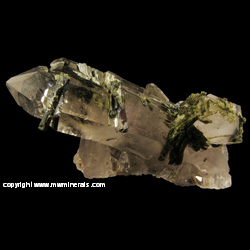 Mineral Specimen: Epidote Crystals Included in Quartz from Fazenda Rubin Pimenta Mine, Capelinha, Jequitinhonha valley, Minas Gerais, Brazil Mineral Specimen: Epidote Crystals Included in Quartz from Fazenda Rubin Pimenta Mine, Capelinha, Jequitinhonha valley, Minas Gerais, Brazil