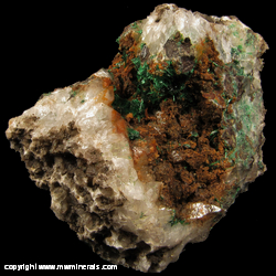 Minerals Specimen: Malachite on Quartz with Casts after Calcite, Minor Chalcopyrite from Mina El Cobre, Zacatecas, Mexico