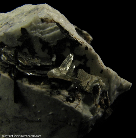 Mineral Specimen: Polylithonite on Albite with Aegirine from Poudrette Quarry, Mont Saint-Hilaire, Rouville RCM, Monteregie, Quebec, Canada