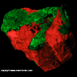 Minerals Specimen: Fluorescent Willemite, Calcite, Franklinite from Sterling Mine, Sterling Hill, Ogdensburg, Franklin Mining District, Sussex Co., New Jersey Minerals Specimen: Fluorescent Willemite, Calcite, Franklinite from Sterling Mine, Sterling Hill, Ogdensburg, Franklin Mining District, Sussex Co., New Jersey