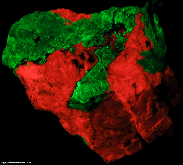 Fluorescent Mineral Specimen: Fluorescent Willemite, Calcite, Franklinite from Sterling Mine, Sterling Hill, Ogdensburg, Franklin Mining District, Sussex Co., New Jersey Fluorescent Mineral Specimen: Fluorescent Willemite, Calcite, Franklinite from Sterling Mine, Sterling Hill, Ogdensburg, Franklin Mining District, Sussex Co., New Jersey