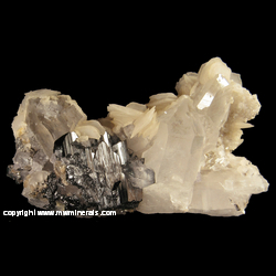 Minerals Specimen: Ferberite, Quartz with Included Scheelite, Twinned Calcite, Fluorite from Yaogangxian Mine, Yizhang Co., Chenzhou Prefecture, Hunan Province, China Minerals Specimen: Ferberite, Quartz with Included Scheelite, Twinned Calcite, Fluorite from Yaogangxian Mine, Yizhang Co., Chenzhou Prefecture, Hunan Province, China