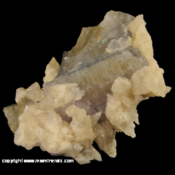 Minerals Specimen: Calcite on Bicolor Fluorite with Included Chalcopyrite and Cast after Barite from Hardin Co., Illinois Minerals Specimen: Calcite on Bicolor Fluorite with Included Chalcopyrite and Cast after Barite from Hardin Co., Illinois
